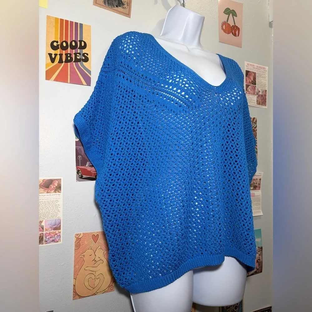 Express Women's Open-Knit V-Neck Sweater - Blue